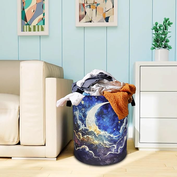 Night Moon Laundry Basket Oxford Cloth Starry Sky Laundry Hamper With Handle Foldable Portable Clothes Storage Basket 18.9 X 16.5 Inch Storage Bag For Laundry Room/Bathroom/Bedroom/Dormitories