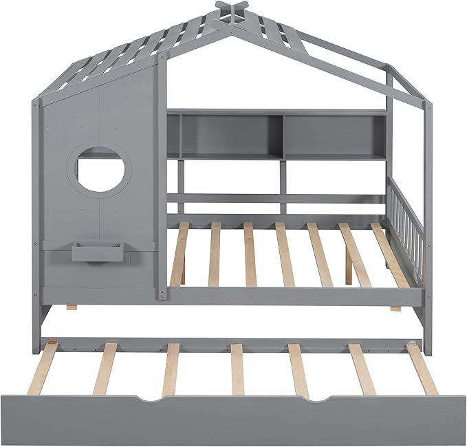 Full Size House Bed with Roof and Window for Kids, Wooden Playhouse Bed with Storage Shelves and Trundle for Bedroom Furniture Girls & Boys (Grey/T2)