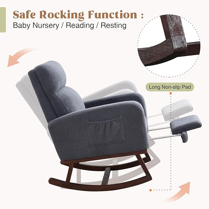 Rocking Chair Nursery with Foot Rest, Teddy Nursing Rocking Chairs for Mom Breastfeeding, Rocker Glider Chair with High Backrest for Living Room, Bedroom, Blue Grey