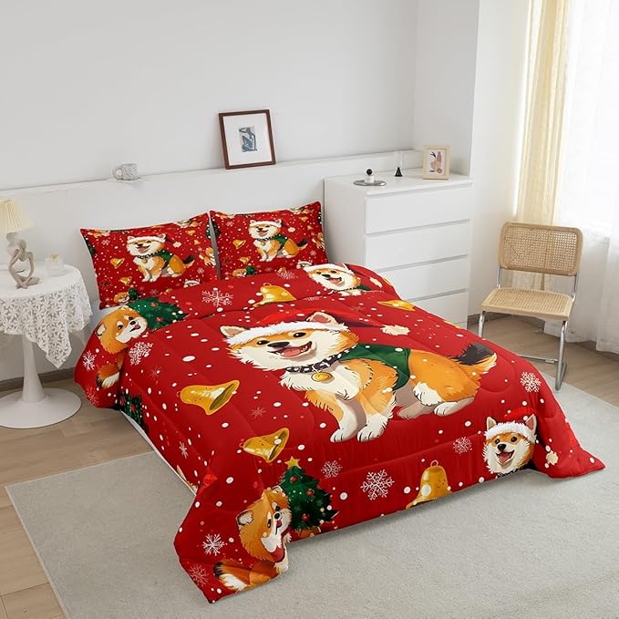 Cartoon Dog Bedding Set Full Size,Bell Christmas Tree Star Snowflake Comforter Set for Kids Boys Girls Room Decor,Cute Corgi Xmas Theme Duvet Insert 3Pcs,Merry Christmas Red Quilt Set,2 Pillowcases