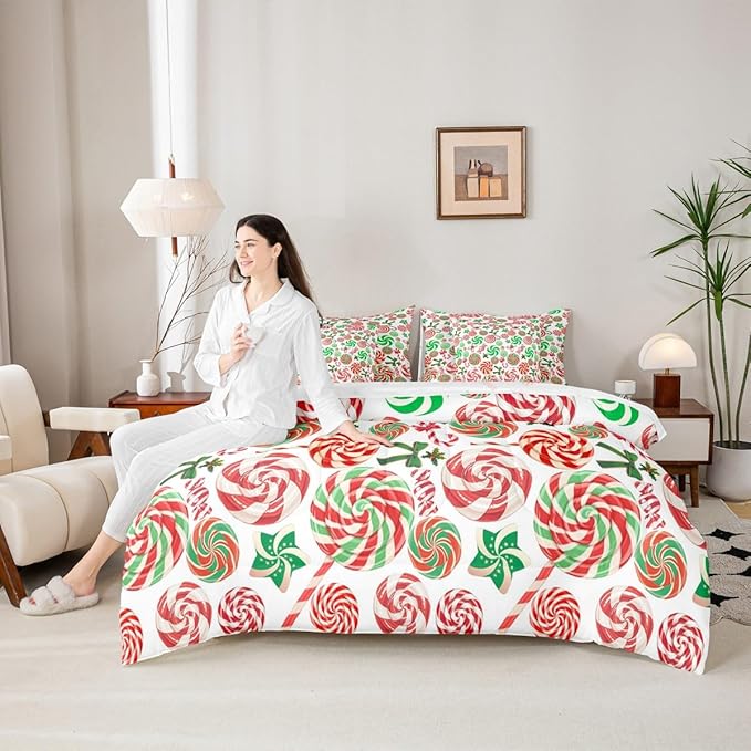 Christmas Candy Comforter Set With Sheets 7 Piece King Size Cute Bow Bed in a Bag Kids Boys Girls Red and Green Sweet Bedding Set Reversible Xmas Decor Bedroom Decor Breathable Soft Lightweight