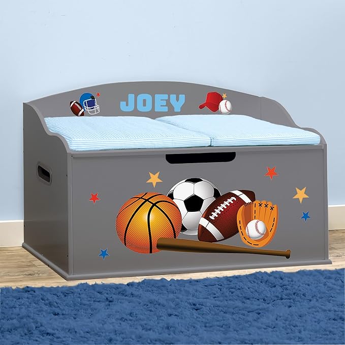 DIBSIES Personalized Creative Wonders Toy Box, Sports, 30 x 19.25 x 18 inches, Soft-Close Lid (Dovetail Grey)