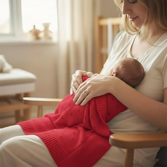 Baby Knit Blanket, 100% Cotton Eyelet Patterns, Soft, Cozy, Lightweight Swaddle for Newborn & Infant Swaddling Beige Neutral, Perfect Baby Shower Ideas Red 28x36