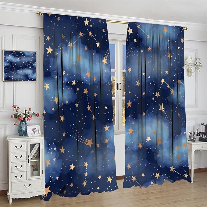Starry Sky Blackout Curtains, Starry Scenery Blue Night Sky Stars Window Drapes for Kids Boys Girls Bedroom Living Room 55" W X 63" L