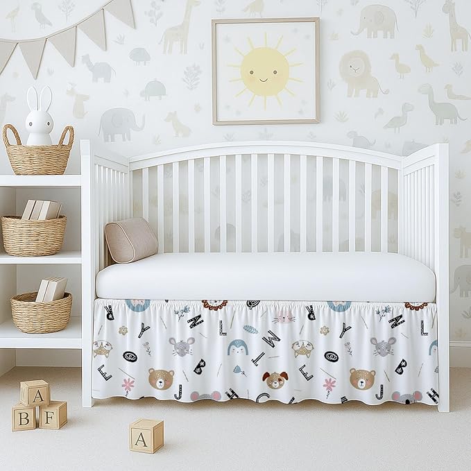Cottington Lane Crib Skirt Dust Ruffle, 100% Natural Cotton, Soft, Durable Nursery Crib Toddler Bedding Skirt for Baby Girls or Boys, Fits Standard Cribs 28" x 52" with 14" Drop, Alphabet Adventure
