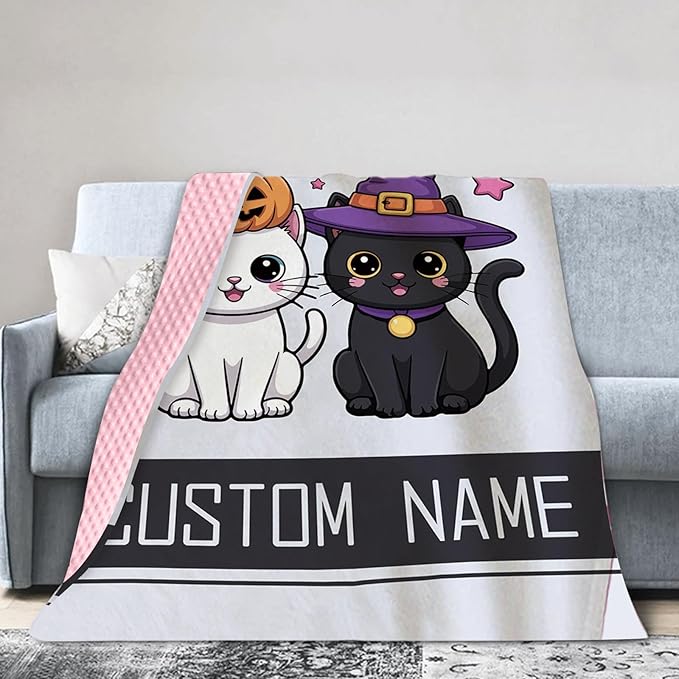 Personalized Halloween Blanket for Baby Girls, Custom Baby Blanket with Name, Cute Cat Pattern Soft Minky Dot Blanket, Halloween Decor Christmas Birthday Gifts for Kids Toddlers