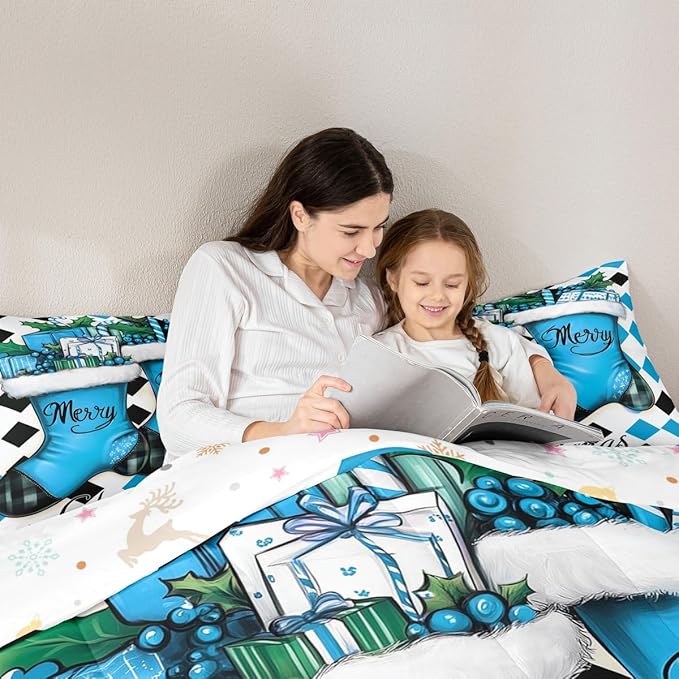 Feelyou Merry Christmas Kids Comforter Set King Size Cartoon Shoes Bedding Set Duvet Quilt for Kids Boys Girls Bedroom Winter Decor Microfiber Ultra Soft Breathable