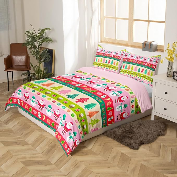 Cartoon Christmas Bedding Set for Kids Boys Girls Santa Claus Snowman Comforter Cover Set Pink Xmas Theme Duvet Cover Bedroom Decor Christmas Tree Bedspread Cover King Size Bedding Collection 3Pcs
