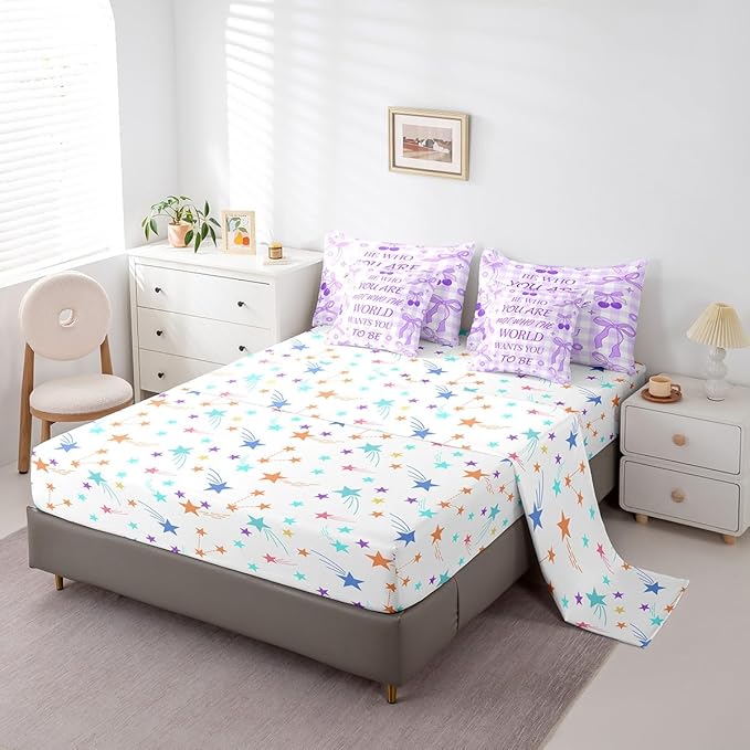 7 Pieces Purple Bowknot Comforter Set King,Cherry Stars Daisy Flowers Romantic Bedding Set,Bow Tie Geometric Plaid Patchwork Dreamy（Comforter+Fitted+Flat Sheet+2 Pillowcases+2 Throw Pillow Covers）