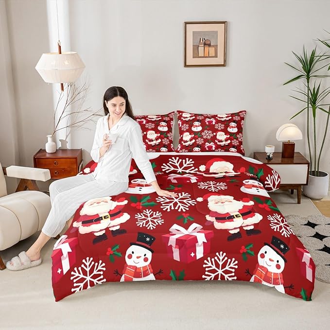 jejeloiu Merry Christmas Comforter Set Toddler Size Xmas Santa Claus Bedding Set for Kids Boys Girls Cute Snowman Duvet Quilt Red Bedroom Decor