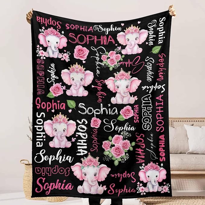Custom Name Blanket for Baby Girls Boys, Cute Elephant & Flower Pattern Blanket for Newborn New Mom, Ultra-Soft Cozy Fleece Blankets for Baby Shower Kids Toddlers, Gifts for Boys & Girls Kids Teens