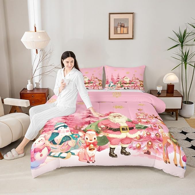 jejeloiu Merry Christmas Comforter Set Twin Size Santa Claus Bedding Set for Kids Boys Girls Cute Deer Duvet Quilt Pink Bedroom Decor