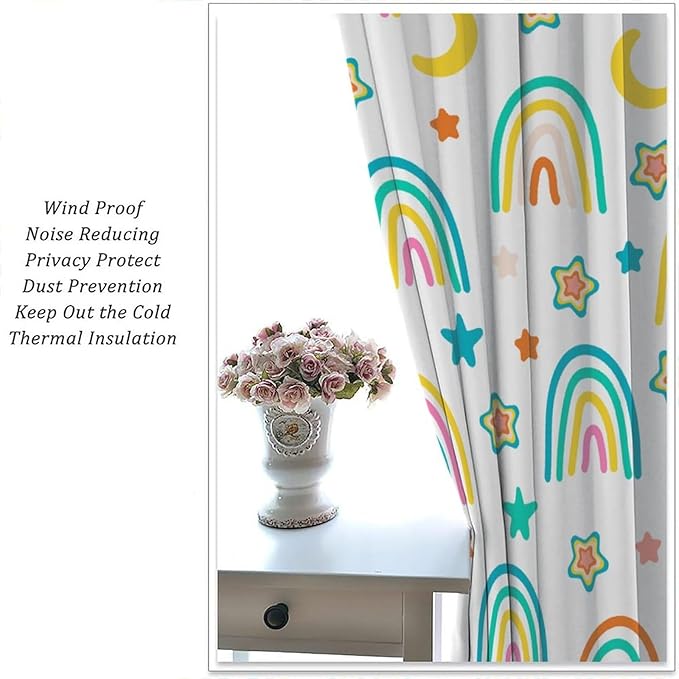Kids Rainbow Curtains Cartoon Rainbow Abstract Bohemia Floral Lovely Stars Pattern Print Window Drapes for Girl Bedroom Living Room Kitchen Decor,2 Panel Set,84Wx84H Inch Blackout