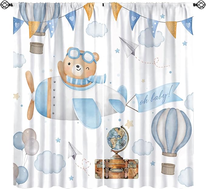 Blue Bear Curtains, Cute Lovely Bear Adventure Airplane Cloud Pastel Blackout Window Treatments, Rod Pocket Thermal Insulated Drapes 2 Panel Sets for Kids Bedroom Nursery Classroom, 42"W X 63"L