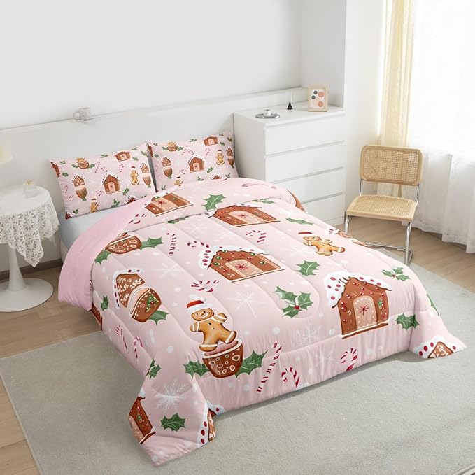 Feelyou Pink Christmas Comforter Set All Season Gingerbread Man Bedding Set with 2 Pillow Cases Christmas Pastry Microfiber Kids King Bedclothes Candy Cane Bedroom Decor Duvet Quilt Breathable Soft