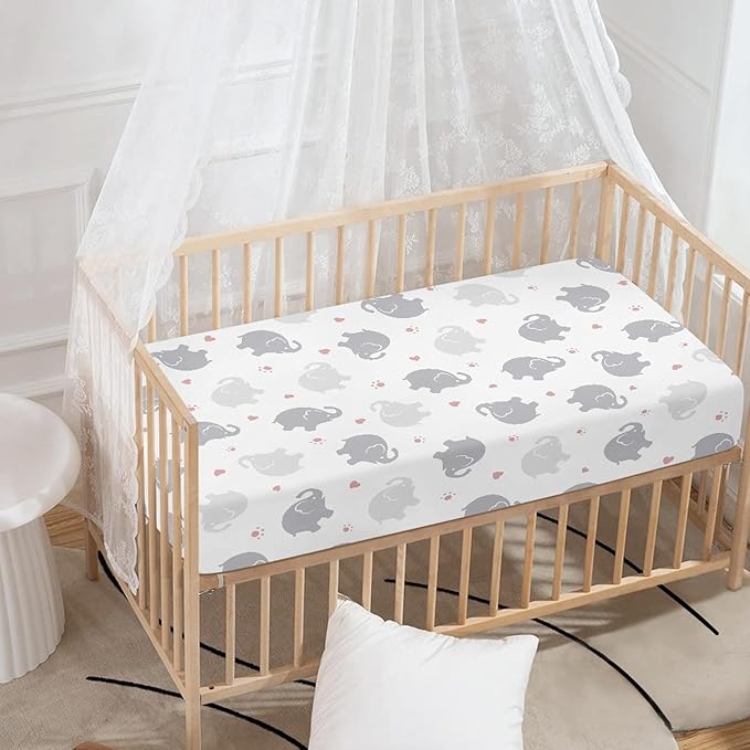 Elephant Fitted Crib Sheet for Boys Girls Watercolor Grey Elephants Baby Sheet for Standard Crib and Toddler Pink Paw Print and Heart Nursery Bed Mattress Sheets 28"x52"