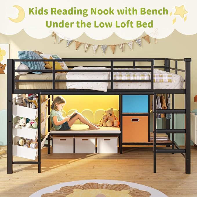 DICTAC Low Twin Loft Bed with Reading Corner,3 Sling Drawers and 2 Movable Storage Bins,Metal Twin Size Loft Bed for Kids with LED Lights and Storage Basket,13.98" H Safety Guardrail & Stairs, Black