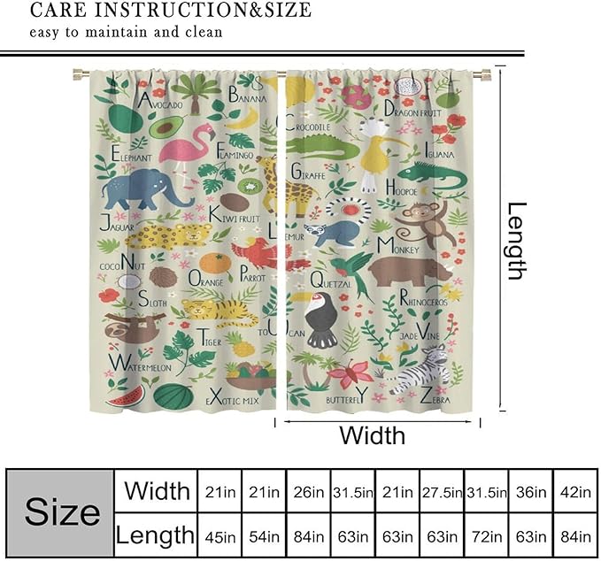 Kid Alphabet Curtains Funny Cartoon Animal Cute Educational Learning Colorful Curtain with Rod Pocket for Bedroom Living Room Decor Drapes Window Treatments 2 Panels Set 52" W X 84" L