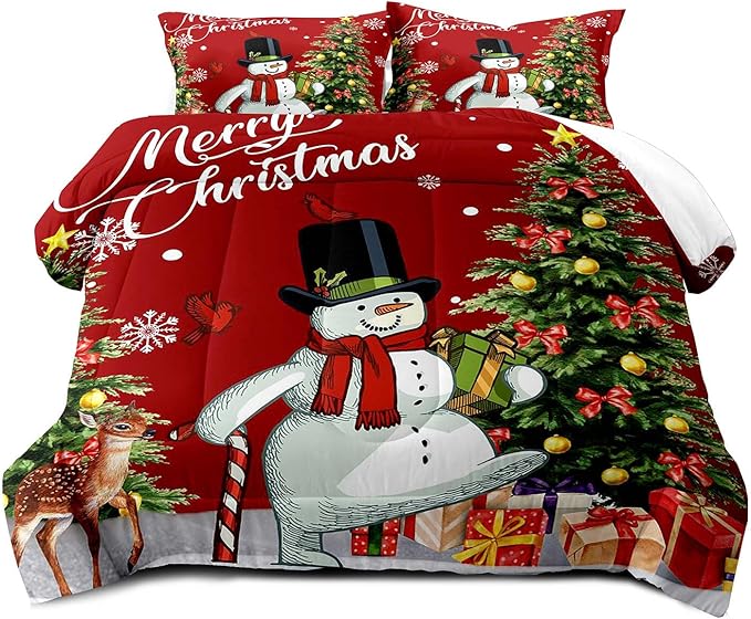 LUVIVIHOME 2PCS Merry Christmas Comforter Set Twin Size, Boys Girls Kids Bedding, Cartoon Funny Cute Snowman Deer Elk Cardinal Snowflake Xmas Tree Christmas Bedroom Decor, Red Quilt, 1 Pillow Sham