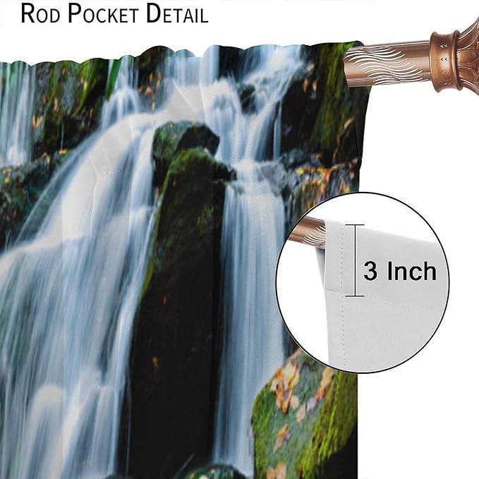 Waterfall Blackout Window Curtains, Forest Nature Landscape Theme Pattern Print Window Drapes, for Living Room Bedroom 42" W X 54" L