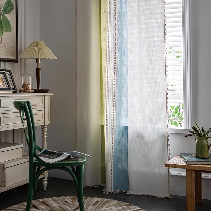 Deeprove Boho Linen Curtains 84 inch for Bedroom Living Room, Semi Blackout Textured Farmhouse Tassels Window Treatment Bohemian Embroidery Drape Rod Pocket 1 Panel 52" W x 84" L, Blue and Sage Green