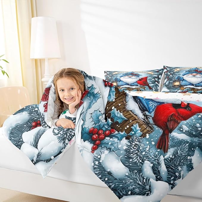 Kawaii Santa Claus Girls Bedding Set Twin Size,Poinsettia Cardinal Christmas Birds Comforter Set,Holly Berry Winter Snowflake Quilt Comforter Girl Boy Teens,Blue Red Room Decor All Season,1 Pillowcase