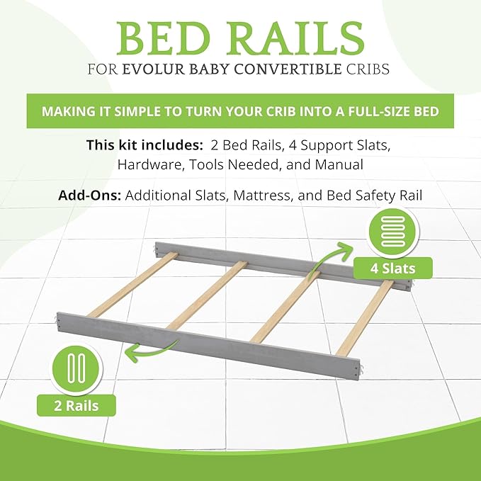 Full-Size Conversion Kit Bed Rails for Evolur Cribs - Solid Wood Crib Convertible Kit to Kids Bed - Transitional Style Rails & Easy-to-Install Child Essentials for Safety (Dove Grey)