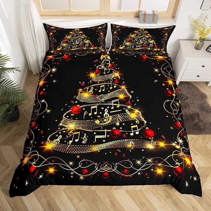 Manfei Christmas Tree Duvet Cover Set Twin Size, Gold Musical Note Print Bedding Set 2pcs for Kids Boys Girls Bedroom Decor, New Year Theme Xmas Holidays Comforter Cover with 1 Pillowcase,No Comforter