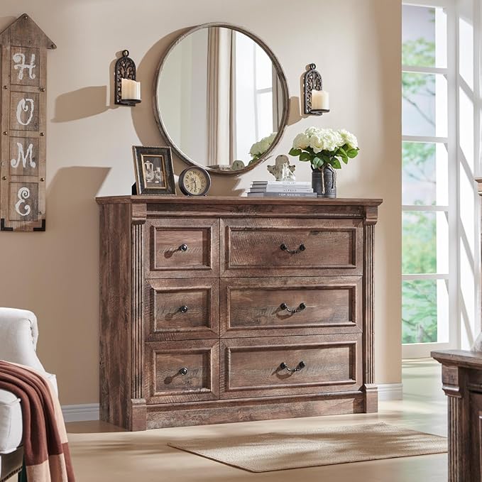 Farmhouse 6 Drawers Dresser for Bedroom, 48" Wide Large Dressers & Chests of Drawers w/Roman Column, Storage Dressers Organizer for Bedroom, Hallway, Living Room, Light Brown