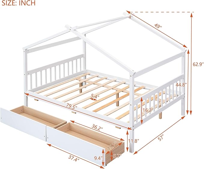 Merax Full Size Wooden House Bed with Two Drawers, Wood Bed Frame with Roof for Kids, Teens, Boys or Girls, White