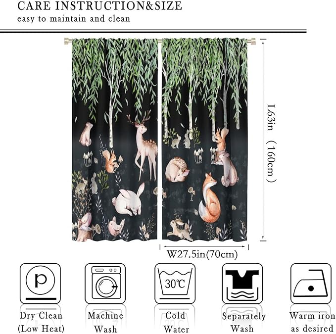 Forest Animal Curtains, Watercolor Cartoon Woodland Plants Animals Bears Moose Mushrooms Printed Curtains for Kids Boys and Girls Bedroom Window Drapes 55x63in