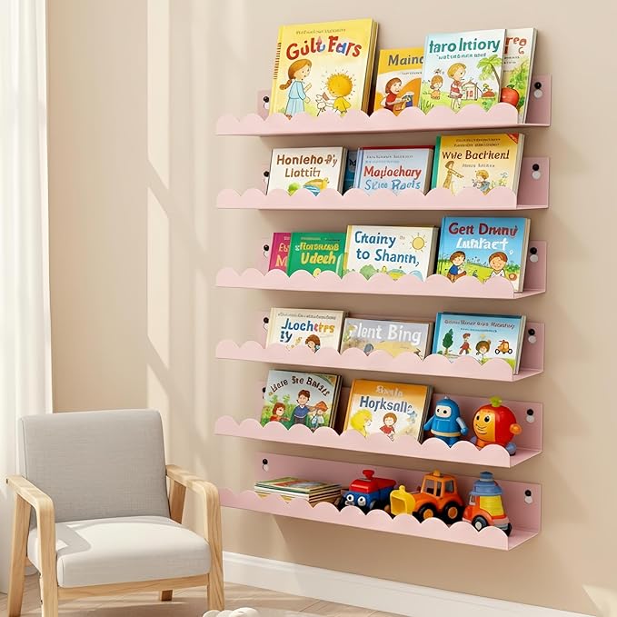 Nursery Book Shelves Set of 6, Pink Metal Floating Shelves for Wall, 16 Inch Scalloped Book Shelf for Kids Room, Bathroom, Bedroom, Playroom Wall Decor & Storage