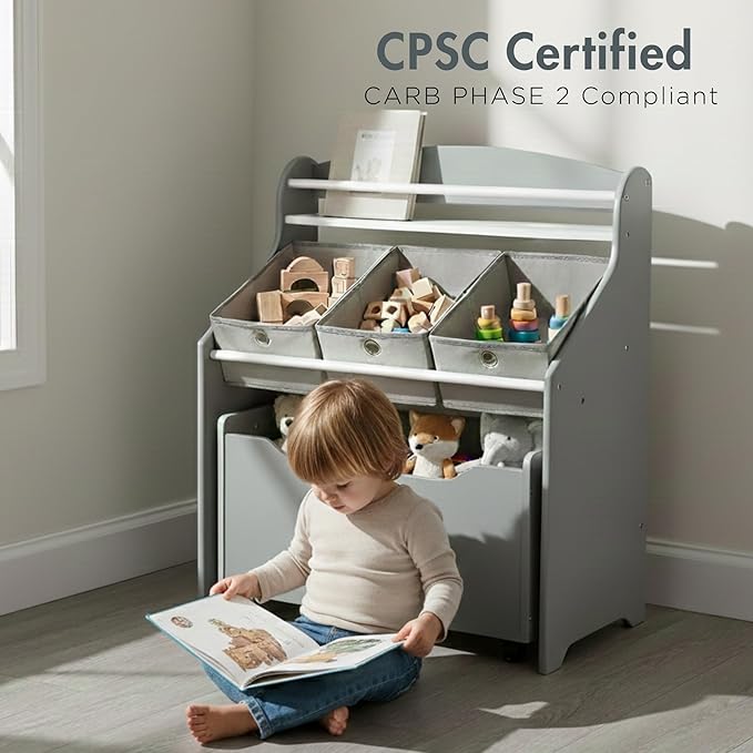 Humble Crew 3-in-1 Kids Bookshelf and Toy Storage Organizer, Grey - Toddler Organizers with Rolling Toy Box and 3 Fabric Bins – Sturdy Baby Book Shelf, Perfect for Nursery and Playroom