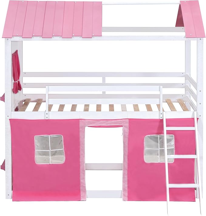 MERITLINE Full Over Full Princess Castle Bunk Bed with Tent,Ladders and Guardrail, Solid Wood Playhouse House Floor Bunk Bed with Windows and Roof (Full,Pink & White)