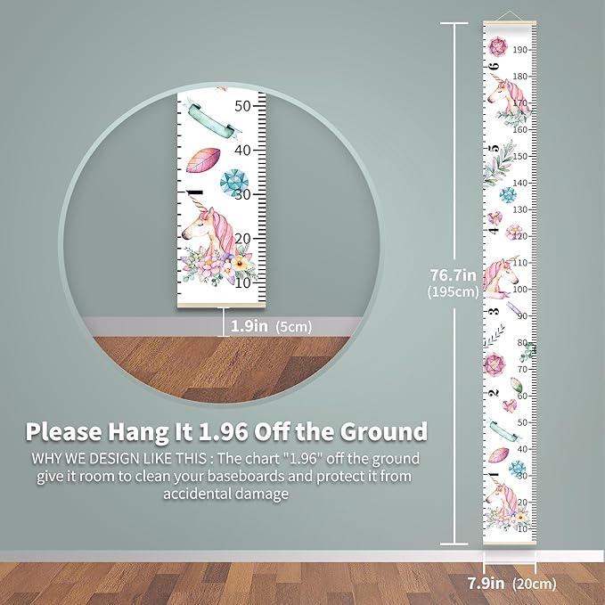 Personalized Growth Chart for Kids, Baby Height Chart with Custom Name, 77"x7.9" Canvas and Black Wood Height Measuring Rulers for Boys Girls Removable Wall Ruler Hanging for Nursery Decor - Unicorn