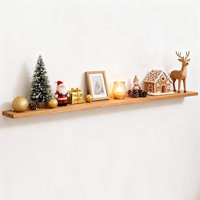 Fun Memories 72 Inch Floating Shelves for Wall, Solid Elm Wood Wall Shelf for Home Decor, Heavy-Duty Hardwood Floating Shelf for Bedroom, Bathroom, Living Room, Set of 1