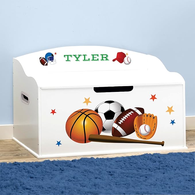 DIBSIES Personalized Creative Wonders Toy Box, Sports, 30 x 19.25 x 18 inches, Soft-Close Lid (White)