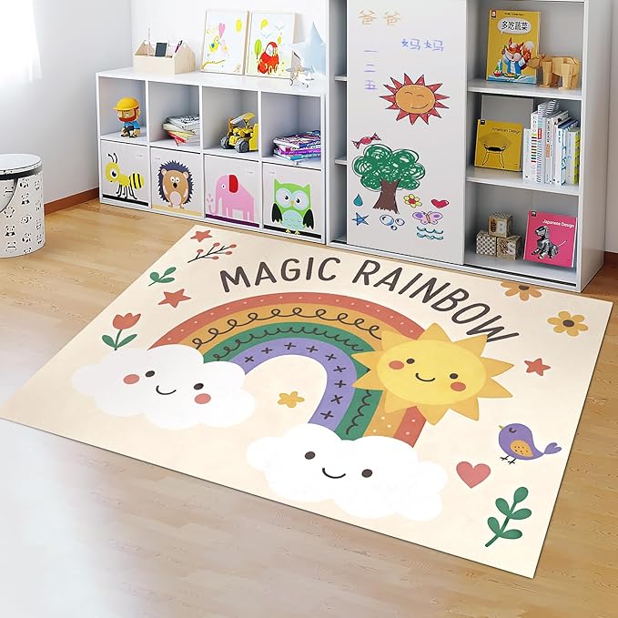 Rainbow Sun Pattern Soft Girls Area Rug for Kids Room Washable Artificial Wool Bedroom Living Room, Funny Carpet Non-Slip Outdoor Indoor Floor Carpet Home Decor, 5'x7'