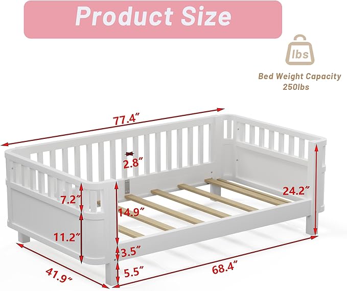 Twin Kids Floor Bed Frame with Rails, Wood Low Montessori Platform Bed with Slats Support, Modern Daybed with Detachable Side Rails, Kids Beds for Boys Girls Bedroom, White