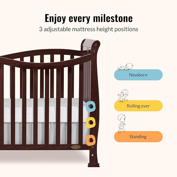 Dream On Me Violet 7-in-1 Convertible Full-Size Baby Crib with Toddler, Day & Full Bed Conversion in Espresso, GreenGuard Gold & JPMA, 4 Mattress Heights, Sustainable Pinewood