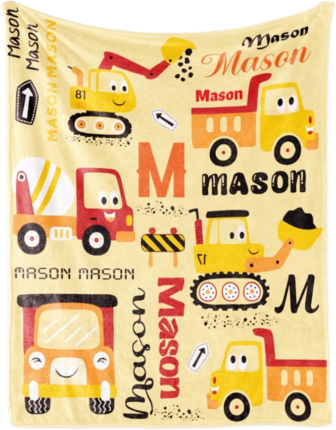 Custom Construction Blanket with Name for Boys Girls Kids, Personalized Name Blanket Construction Vehicles, Soft Flannel Blankets Customized Gift for Children Day Birthday Christmas-40 x50