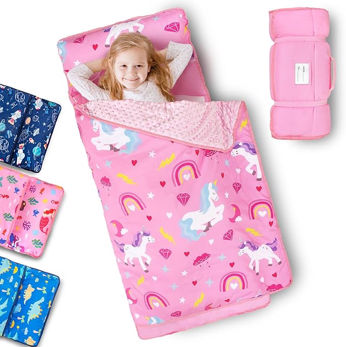 Primlect Toddler Nap Mat with Removable Pillow and Fleece Blanket, Extra Large 55''x35'' Sleeping Bag, Washable, Light, Easy to Roll up, Perfect for Daycare, Preschool, Kindergarten, Travel