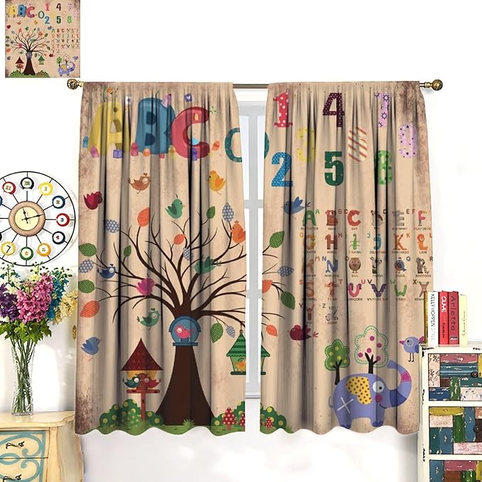 Animal Alphabet Numbers Tree Curtain Learning ABC Letters Birds Numbers Home Printed Rod Pocket Window Treatments for Bedroom Living Room Playroom Nursery 42" W X 54" L