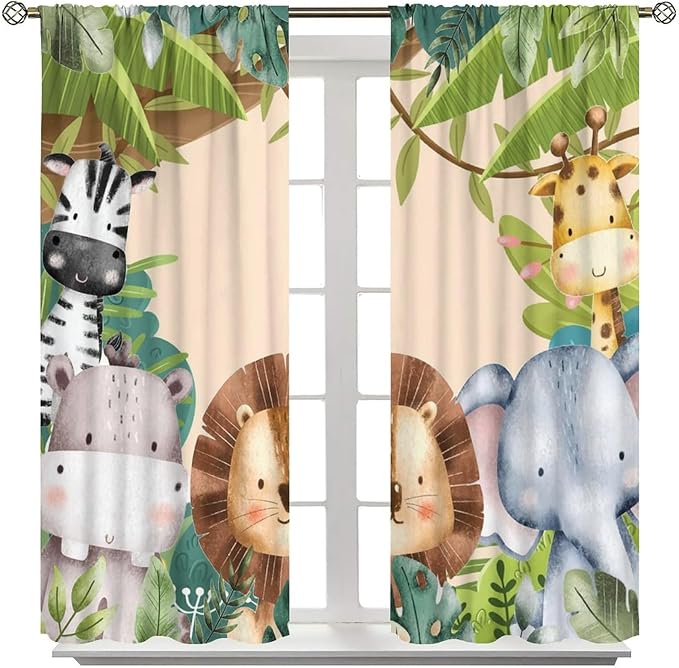 Jungle Animals Curtains Colorful Forest Cartoon Wildlife Lion Giraffe Elephant for Kids Boys Girls Nursery Bedroom Living Room Blackout Rod Pocket Decoration Window Drapes 2 Panels W27.5xL63in