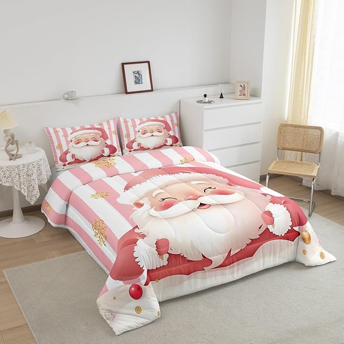 Feelyou Merry Christmas Decorations Twin Size Comforter Set Santa Claus Bedding Set Pink Quilt Set Soft Warm Lightweight Duvet Set