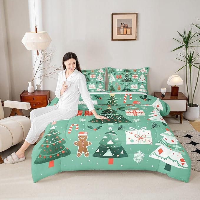 Feelyou Christmas Bedding Set Soft for Boys Girls, Xmas Tree Snowflake Comforter Set Toddler Size Gingerbread Man Duvet Quilt Microfiber New Year Gift Bedroom Decor 2 Pcs with 1 Pillow Cases