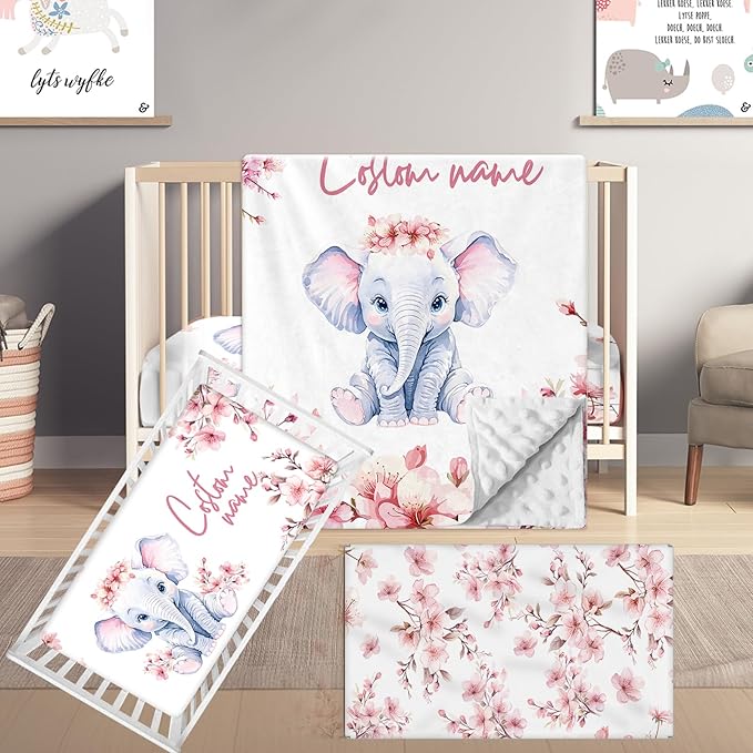 Custom Name Crib Bedding Set, 3 Pcs Personalized Baby Crib Bedding Set, Soft Flower Elephant Nursery Crib Sets for Boys Girls, Double Layer Toddler Bedding Set Customized Gifts for Newborn Kids