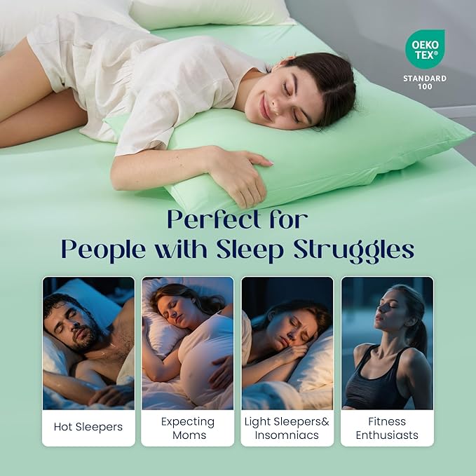 Dream Valley® Twin Sheets Set, Cooling Fitted Sheet with 1 Pillowcase-2 PCS with No Flat Sheet,Q-Max > 0.4 Aerocool, Cooling for Night Sweats, Hot Sleepers,deep Pocket up to 15",Mint Macaron