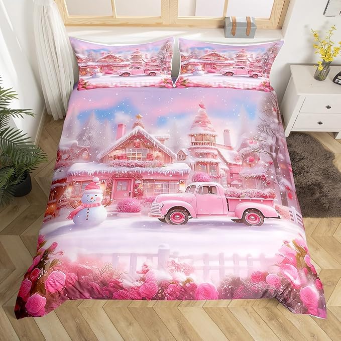 Manfei Christmas Duvet Cover Set King Size, Winter Snowman Truck Flower Bedding Set for Kids Girls Room Decor, New Year Pink Comforter Cover, Soft Polyester Quilt Cover, 2 Pillowcases, No Comforter