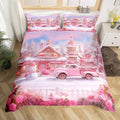 Manfei Christmas Duvet Cover Set Twin Size, Winter Snowman Truck Flower Bedding Set for Kids Girls Room Decor, New Year Pink Comforter Cover, Soft Polyester Quilt Cover, 1 Pillowcase, No Comforter